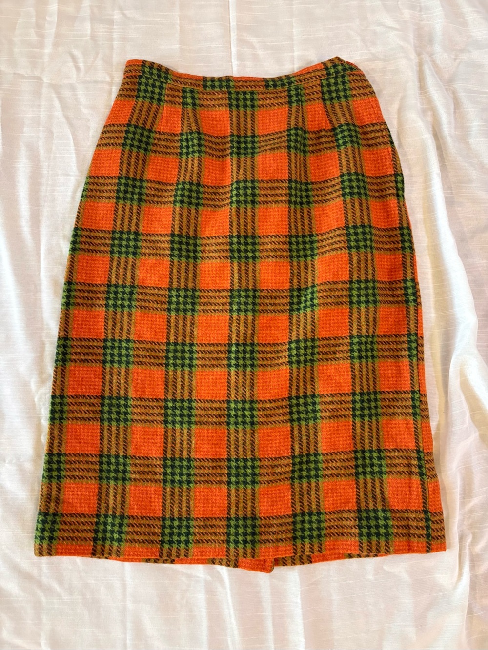 VINTAGE Dutchmaid Plaid Orange and Green Wool Pencil Skirt